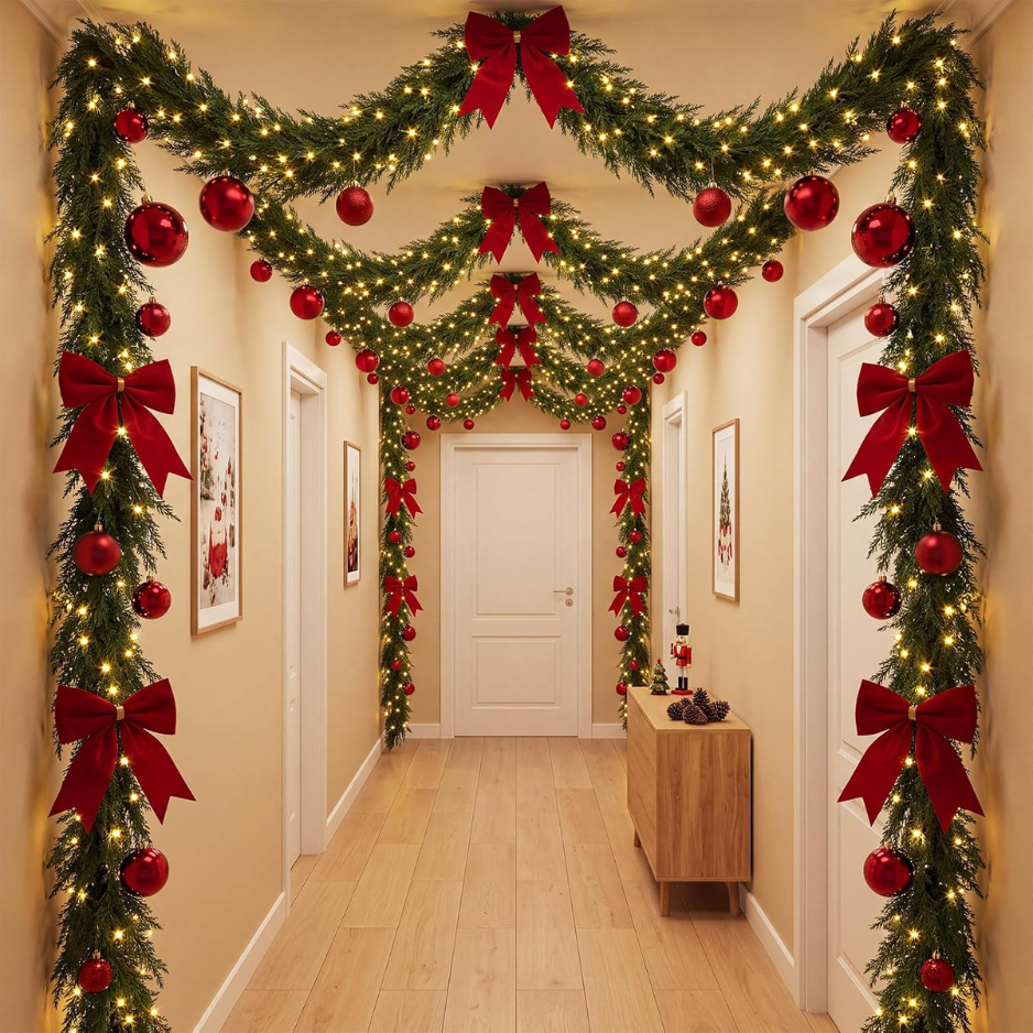 161 Pcs Christmas Hallway Ceiling Decor Kit, LED Lights Garland Includes Red Baubles, Bows, Army Green Garland, Warm White Leds With Hooks, Xmas 4
