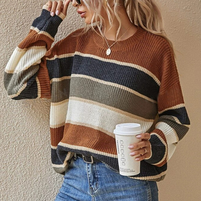 Women's Striped Color Block Sweater, Cute Crewneck Pullover Top, Fall Winter Fashion Knitwear Dark Brown - Shop at LoveMi