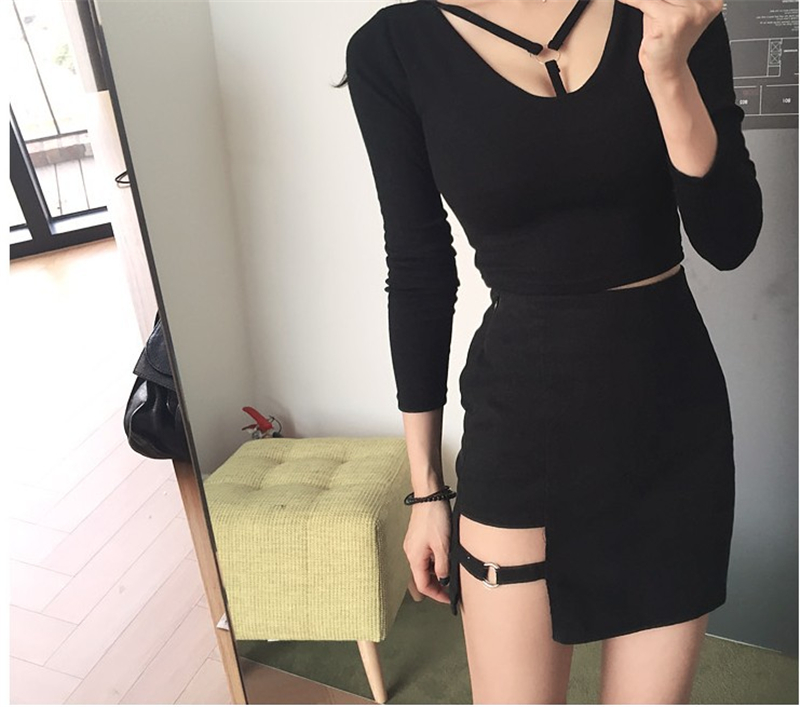 Title 3, Korean Style Black Mini Skirt with Irregular He...