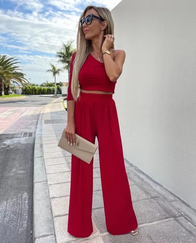 Solid Color One Shoulder Long Sleeve Pants Casual Suit Women Red - Shop at LoveMi
