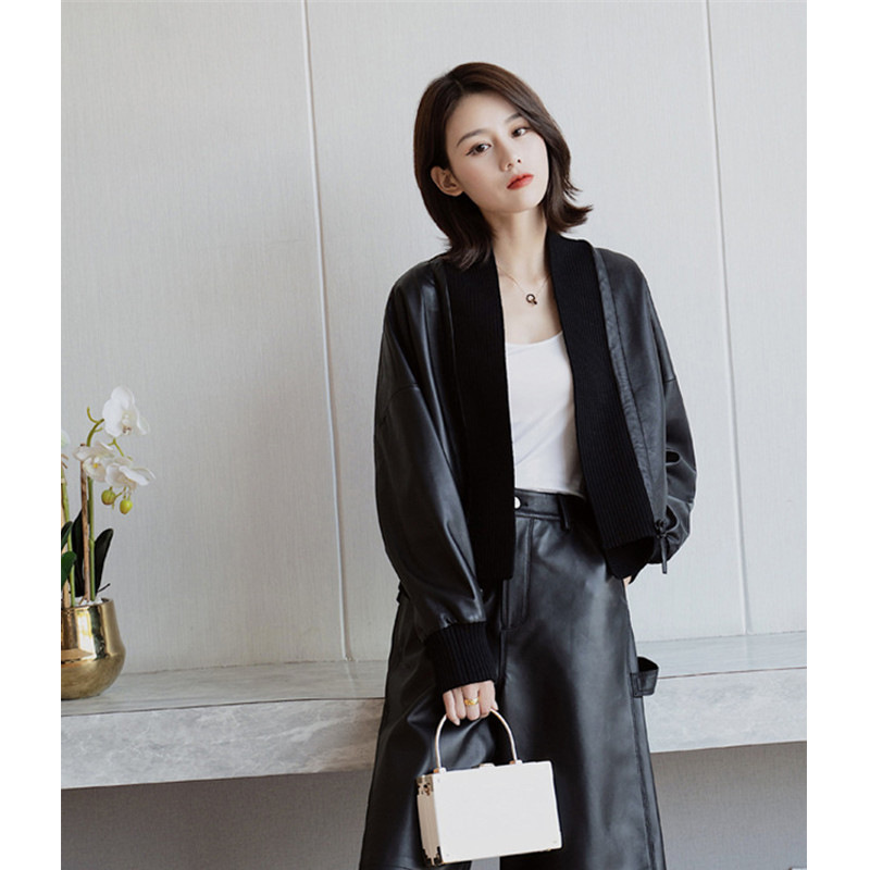 Short Knit Trim Women's Leather Jacket Cardigan