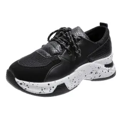 Leopard Print Sneakers Women Lace Up Walking Running Sports Shoes - Black - View 1