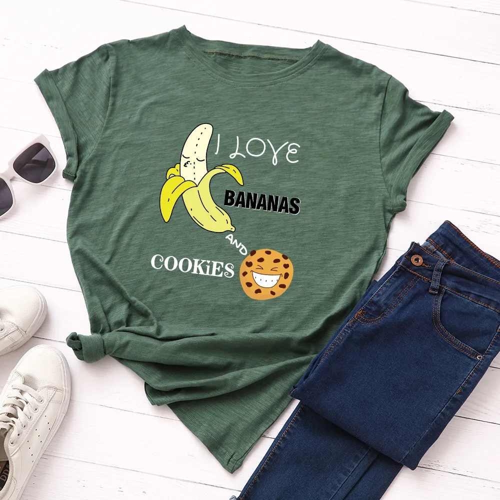 Women's Spoof Banana Letters Loose Crew Neck Short Sleeve T-Shirt - Green
