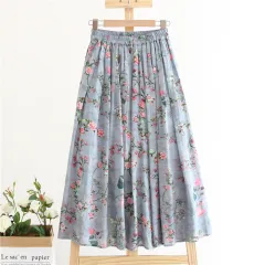 Women's Cotton And Linen Color A-Line Floral Long Dress - Grey - View 1