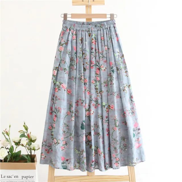 Women's Cotton And Linen Color A Line Floral Long Dress Grey - Shop at LoveMi