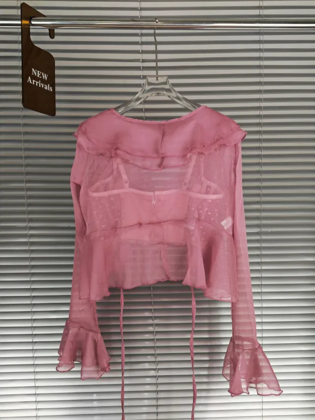 Lace Suspender Chiffon Cardigan Two piece Set Pink - Shop at LoveMi
