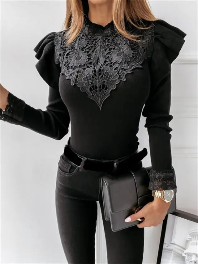 Autumn And Winter Long sleeved Round T4503XHneck Lace Decora Black - Shop at LoveMi