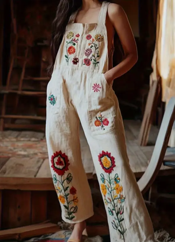 Retro Floral Embroidered Loose Wide-leg Overalls Jumpsuit Women's Sleeveless Casual Cropped Pants