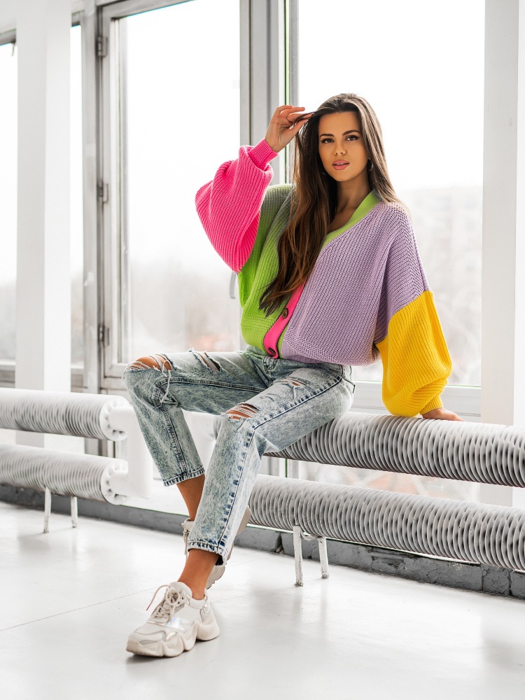 Casual Color Matching Bright Women's Woolen Long-sleeved Cardigan