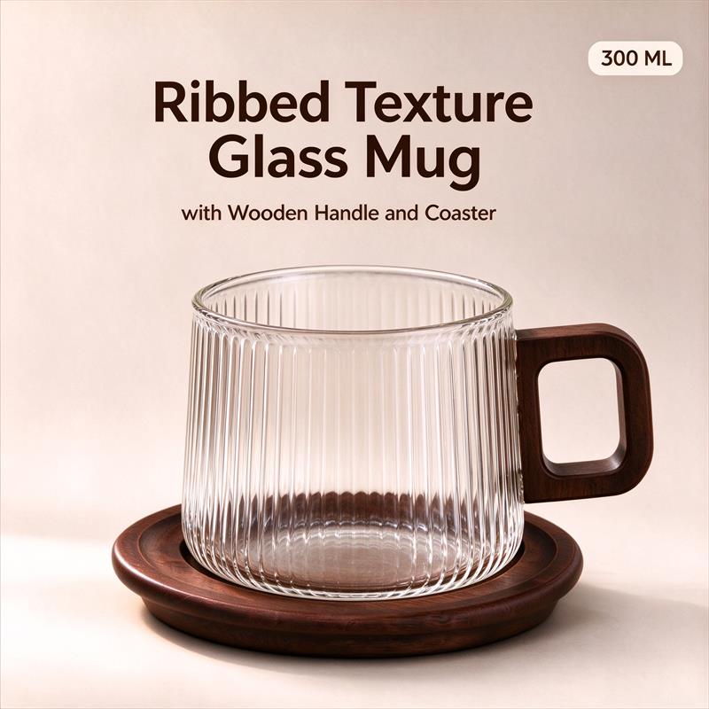 300ml Clear Textured Glass Coffee Mug With Square Handle