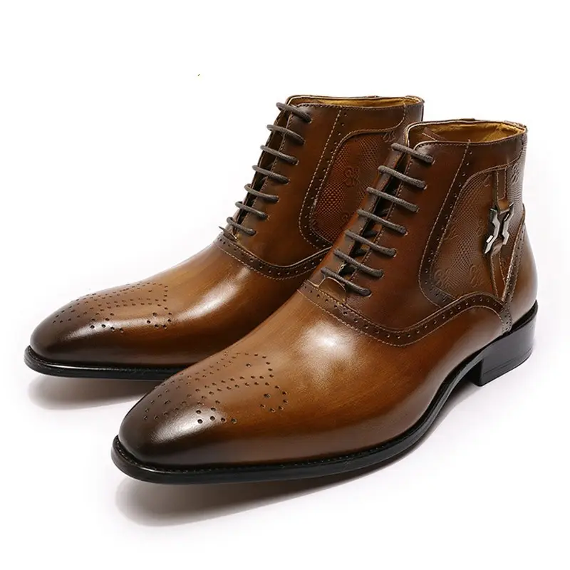 Men's Pointed Leather Boots Front Lace-up