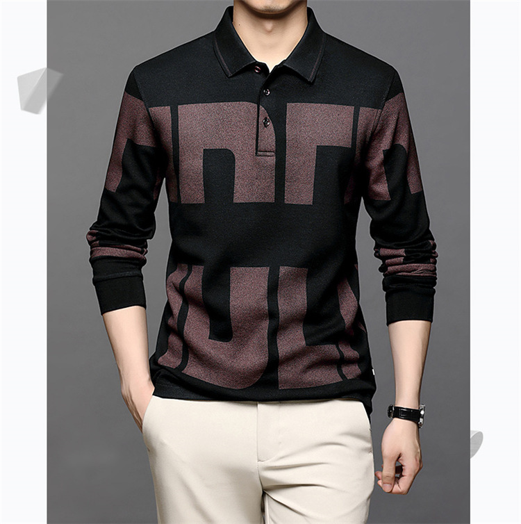 Men's Hong Kong Style Long Sleeve Polo Shirt Men's Lapel Printed T Shirt