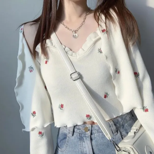 Japanese Soft Sister Embroidery Rose Small Suspender Cardigan Two piece Set White - Shop at LoveMi