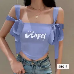 Butterfly Embroidered Camisole Cropped Slim Fit Knit Top - Blue - View 1