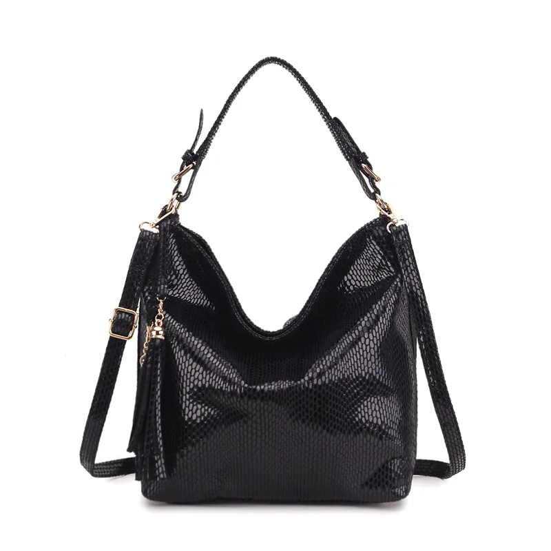 Snake Pattern Ladies Fringed Crescent Bag Shoulder Messenger Bag - Black