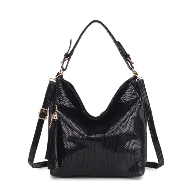 Snake Pattern Ladies Fringed Crescent Bag Shoulder Messenger Bag Black - Shop at LoveMi