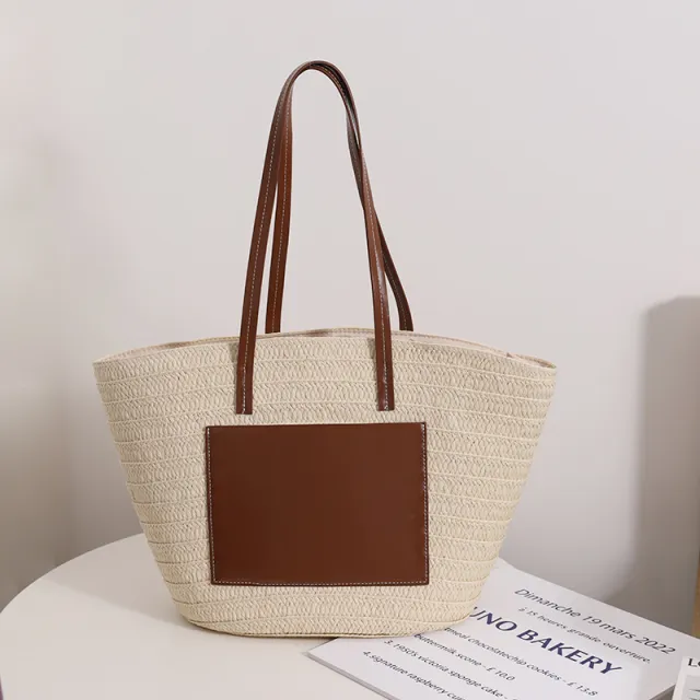 One Shoulder Portable Large Capacity Tote Woven Bag Beige - Shop at LoveMi