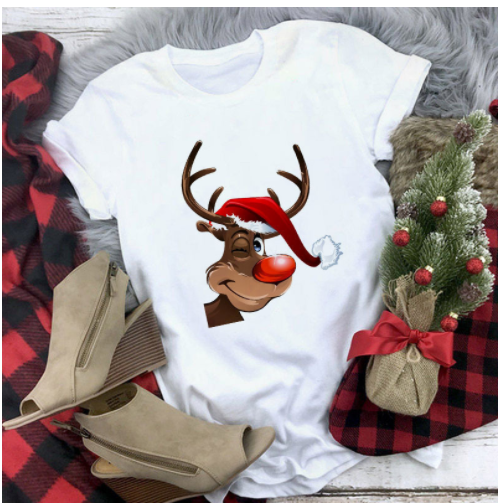 Title 2, Christmas Deer Series Printed Casual T-shirt Women