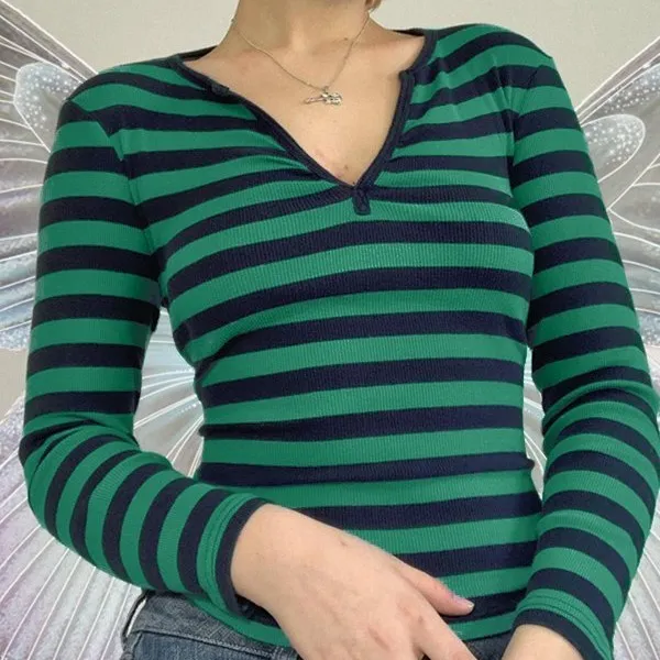 Autumn And Winter New Striped Pullover Long sleeved Tops Green - Shop at LoveMi