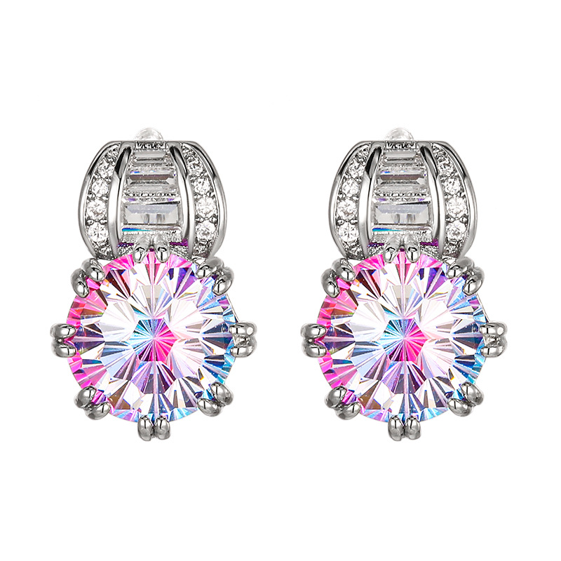 Light Luxury Vivid Earrings For Women, Firework Cut Simulated Zirconia Ear Jewelry With Rose Red Tone & Paraiba Tone Green Stones, Versatile Fashion Accessories — view 4