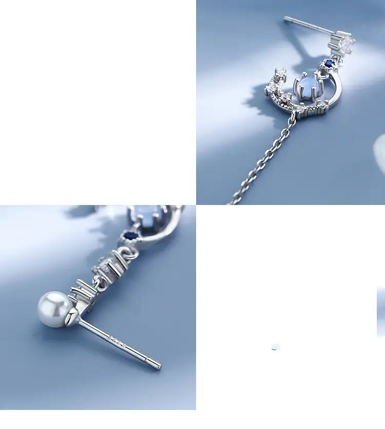 925 Sterling Silver Needle Moon Earrings Female