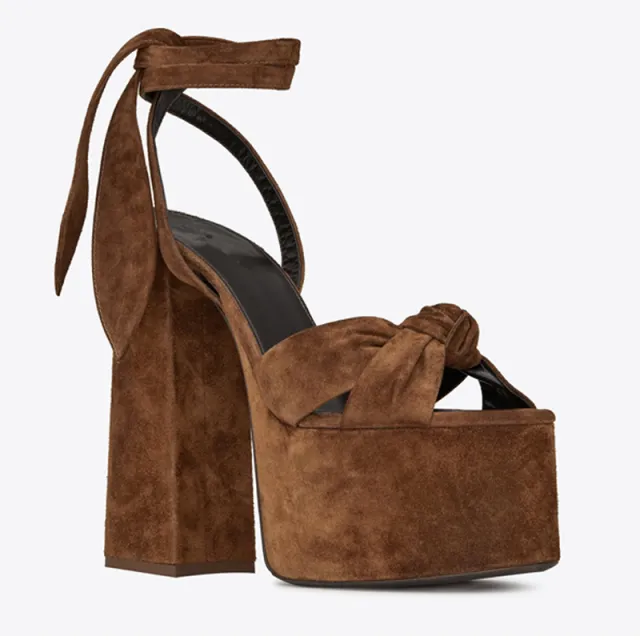 Colorblock Plus Size Catwalk Sandals Bow Love Chunky Heels Brown - Shop at LoveMi