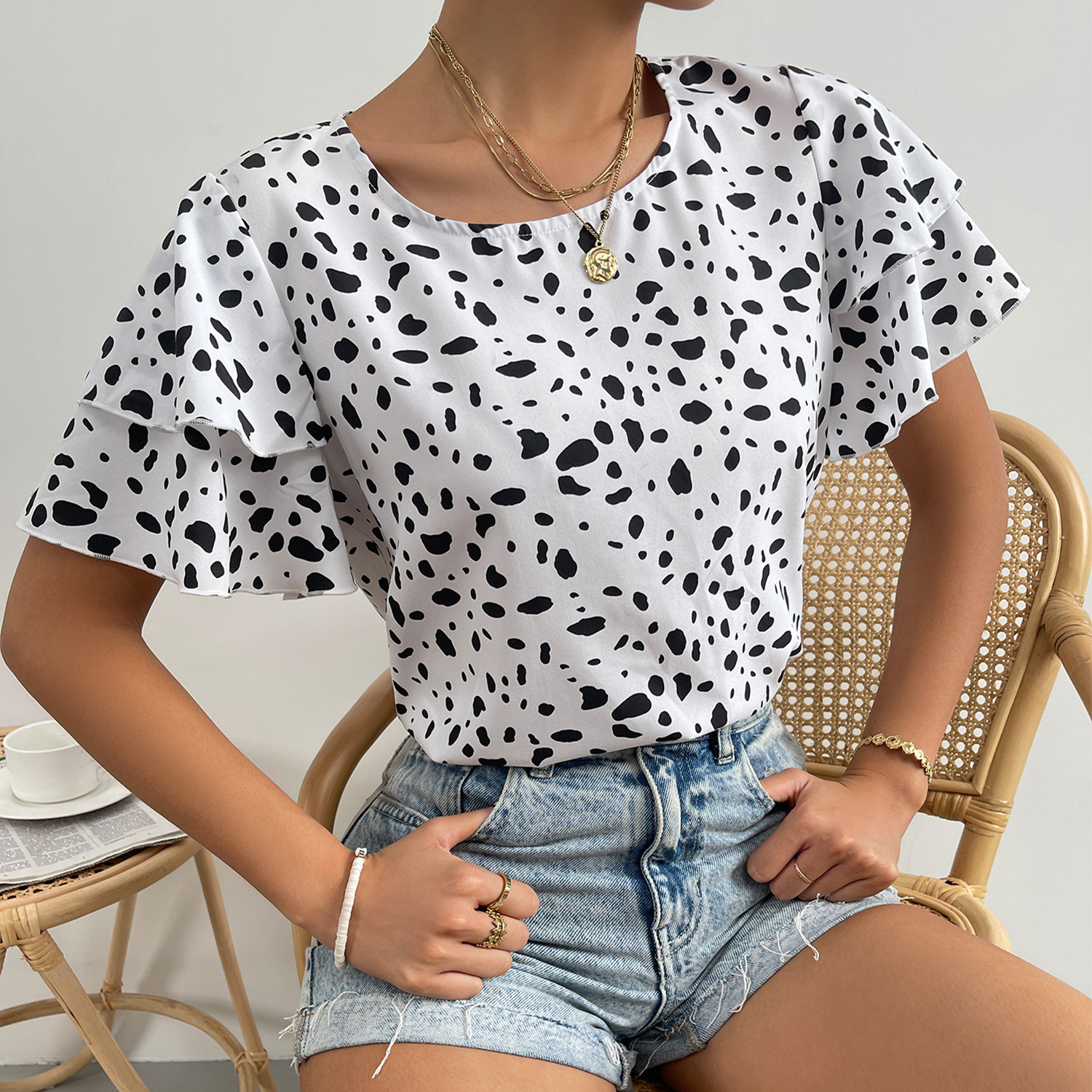 Women's Casual Loose Print Polka Dot Pullover Top
