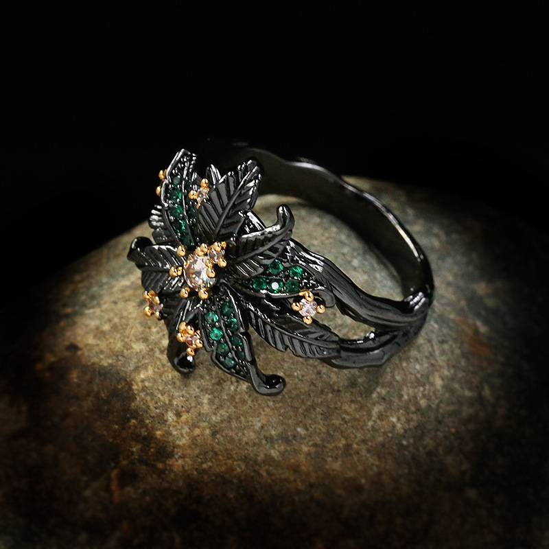 Creative Summer Vacation Wind Slightly Inlaid Zircon Leaves And Flowers Index Finger Two-tone Ring
