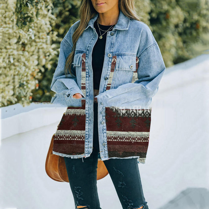 Lapel Pocket Denim Patchwork Wool Coat Red - Shop at LoveMi