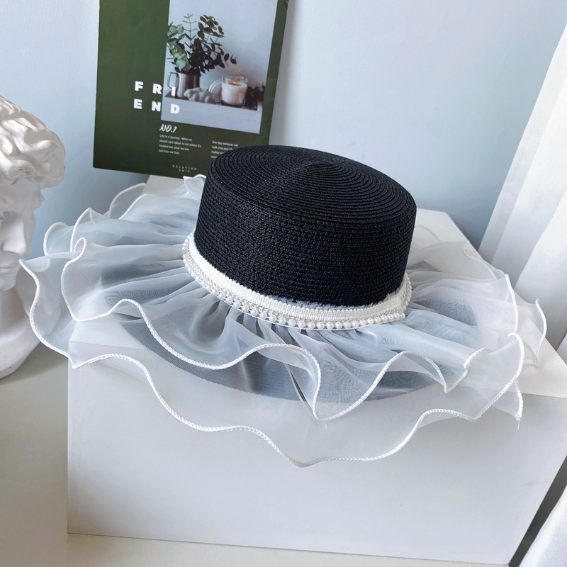 Lolita Style Flat Top Hat Women Summer Sunscreen Straw Hat Black - Shop at LoveMi