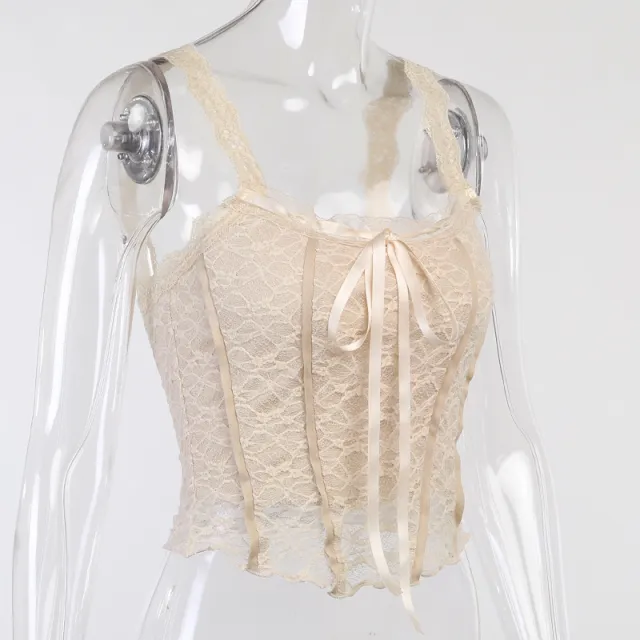 The New Solid Color Hollow Inside With Lace Self cultivation Type Hedging Sexy Vest Apricot - Shop at LoveMi