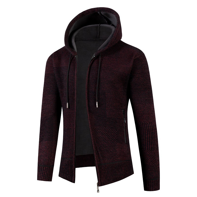 Men Slim Hooded Plaid Knit Jacket