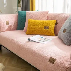 Modern Solid Color Winter Lamb Wool Sofa Towel Thicken Plush Soft And Smooth Sofa Covers For Living Room Anti-slip Couch Cover - Pink - View 1