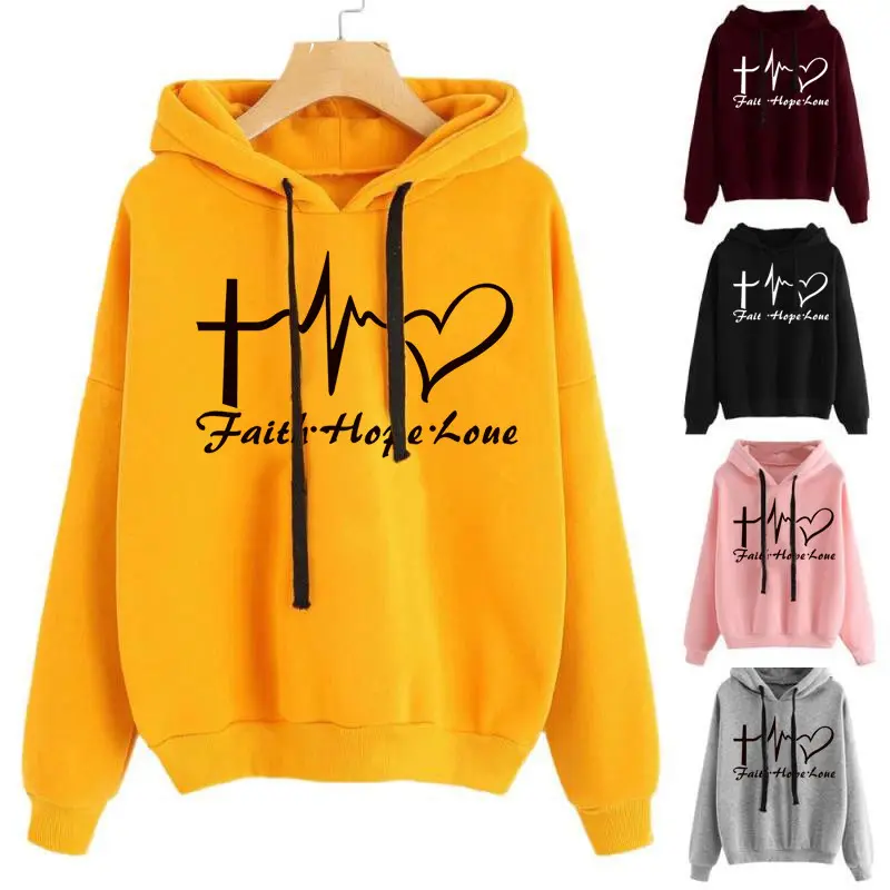 Heart Print Hoodie Sweatshirt Pullover Tops Women Long Sleeve