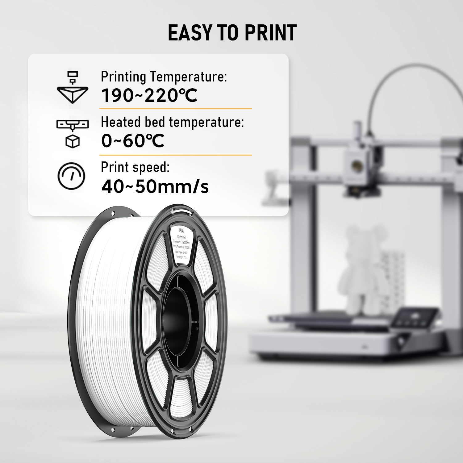 PLA  3D Printer Filament 1.75mm, 1.1kg Spool, Smooth Printing, Low Warp, Strong Adhesion, Easy To Print Material For FDM 3D Printers
