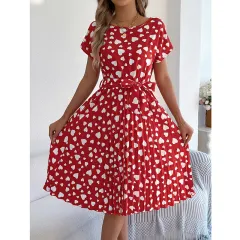 Women's Heart Print Midi Dress - Crew Neck Short Sleeve Belted Pleated Sundress - Red - View 1