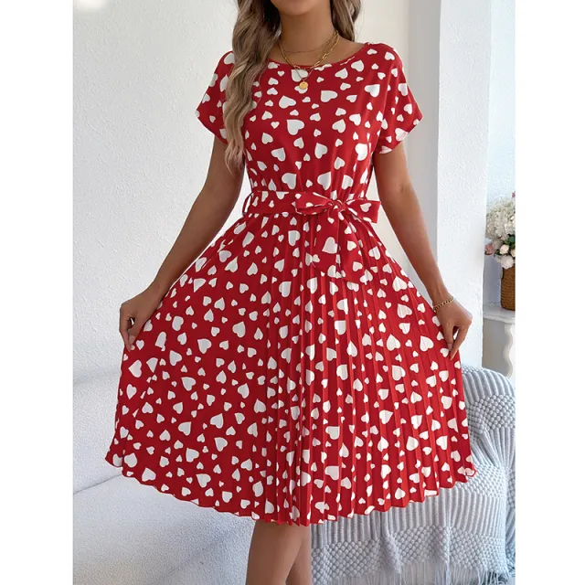 Women's Heart Print Midi Dress Crew Neck Short Sleeve Belted Pleated Sundress Red - Shop at LoveMi