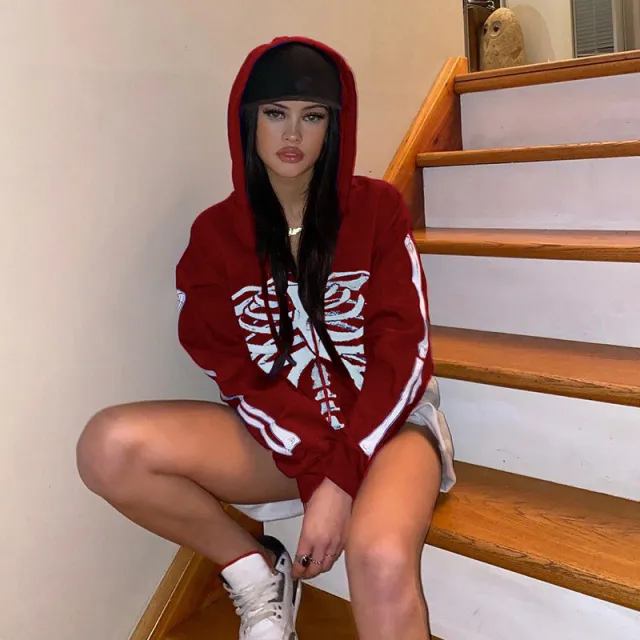 Street Style Sternum Print Hip hop Hooded David Red - Shop at LoveMi