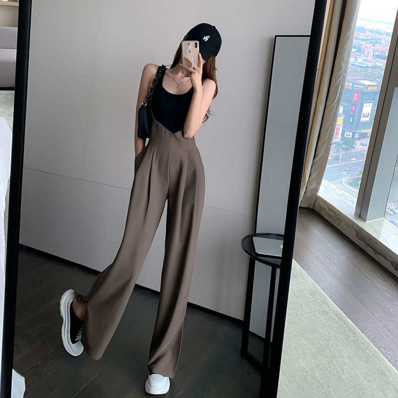 Korean Style Loose Drape Split Trousers Casual Suspenders