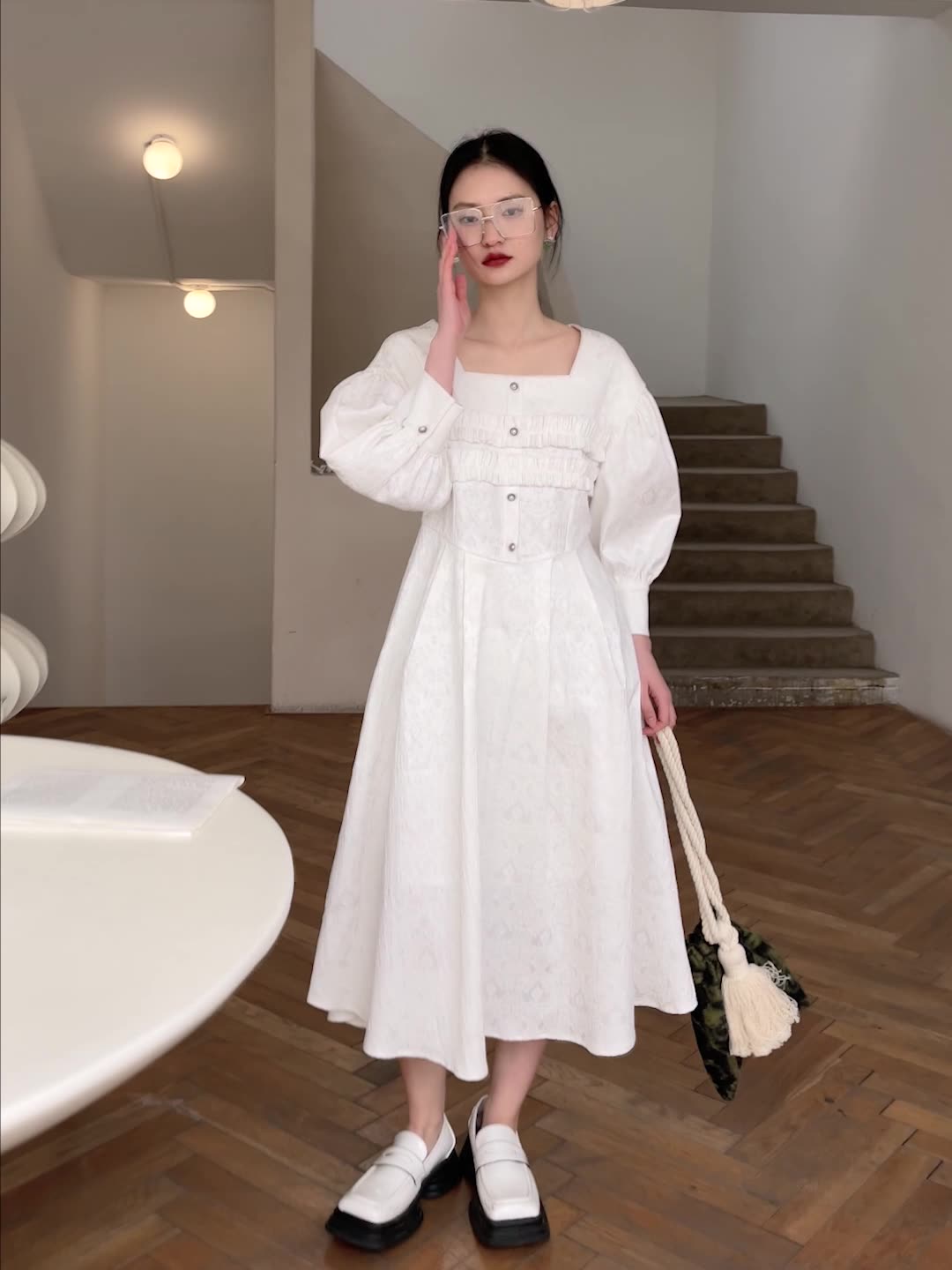 Square Neck Puff Sleeve Midi Dress, picture 4 of 6