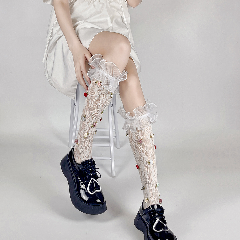 Women's Designer Heavy-Detail Candy Color Handmade Flower Hollow Lace Jacquard Large Lace Calf Socks & Slouch Socks