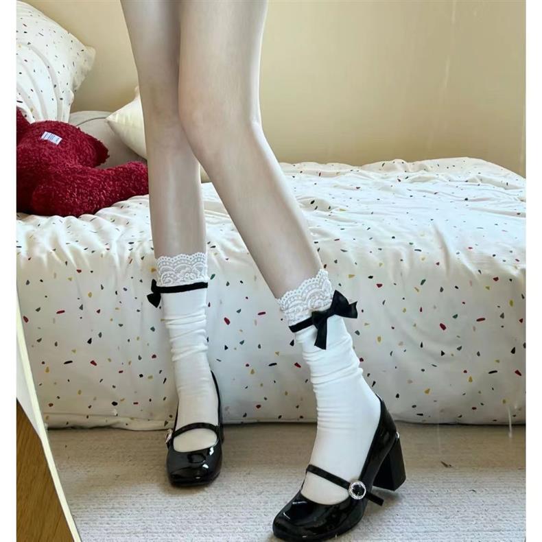 Black & White Lace Ruffle Bow Calf Socks, Coquette Lolita Style Mid-Calf Socks, Frilly Lace Trim Socks For Mary Jane Shoes