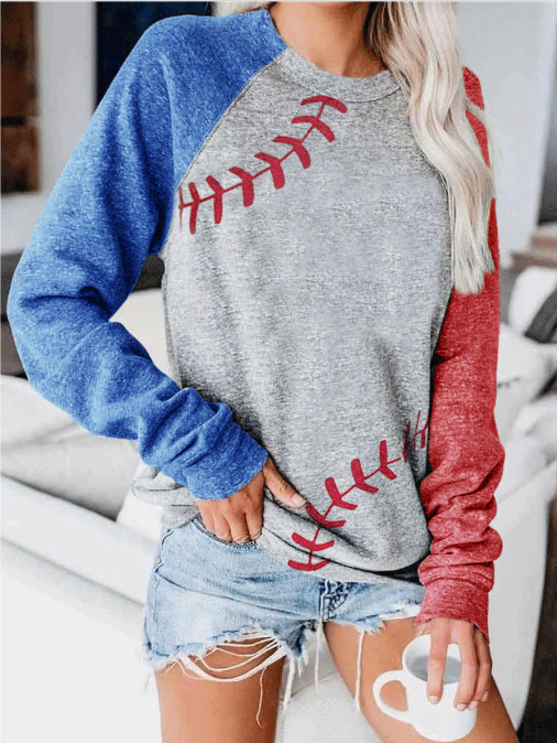 Loose Round Neck Printed Long-sleeved Color Block Sweatshirt