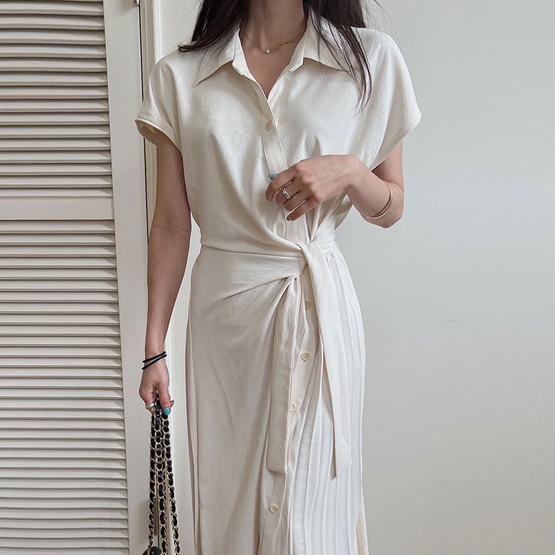 Irregular Lace-up Oblique Breasted Stitching Pleated Shirt Dress