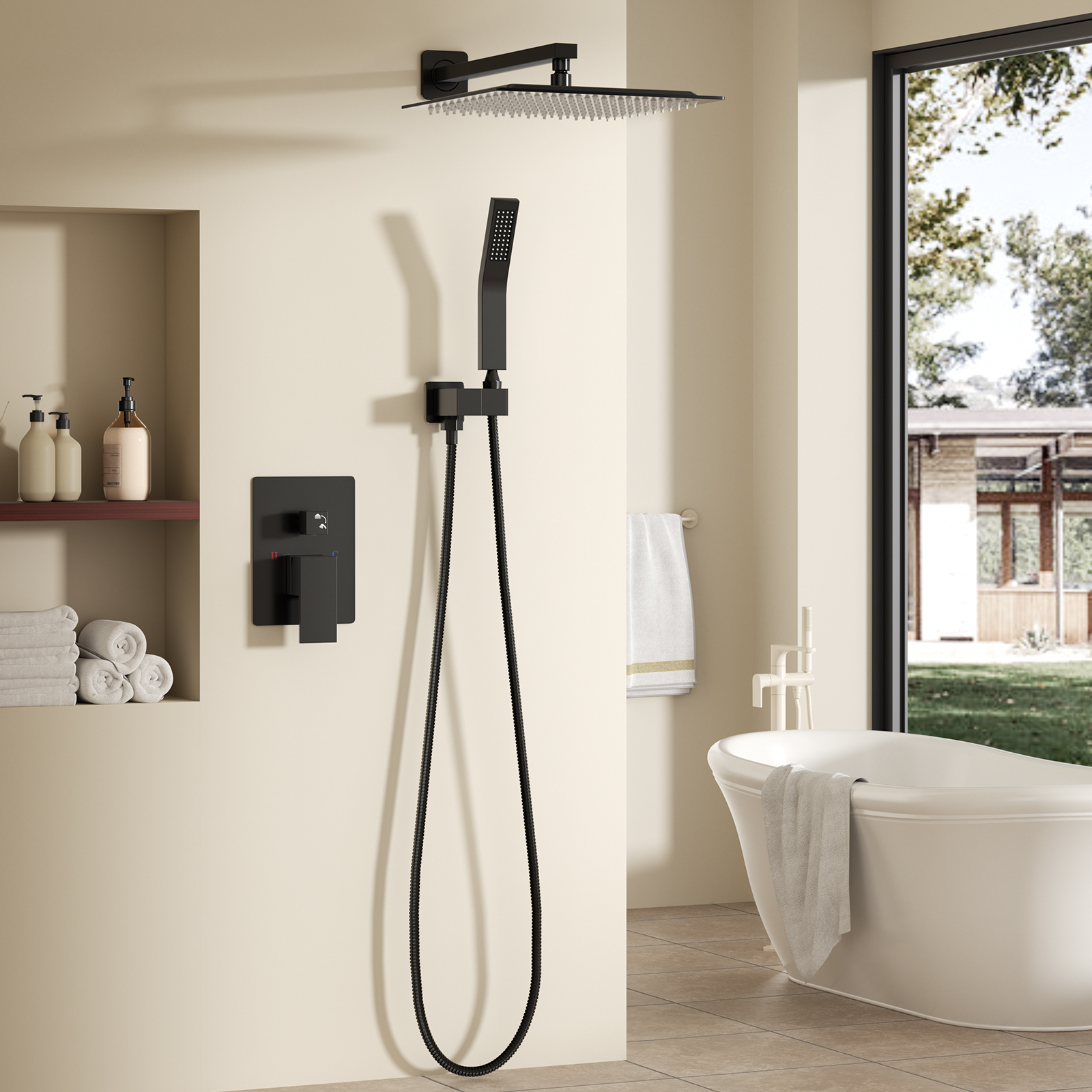 Wall-mounted Shower Faucet Set - 10-inch Square Overhead Spray - Handheld Shower Head With Pressure Balance And Temperature Control Valve — foto 2