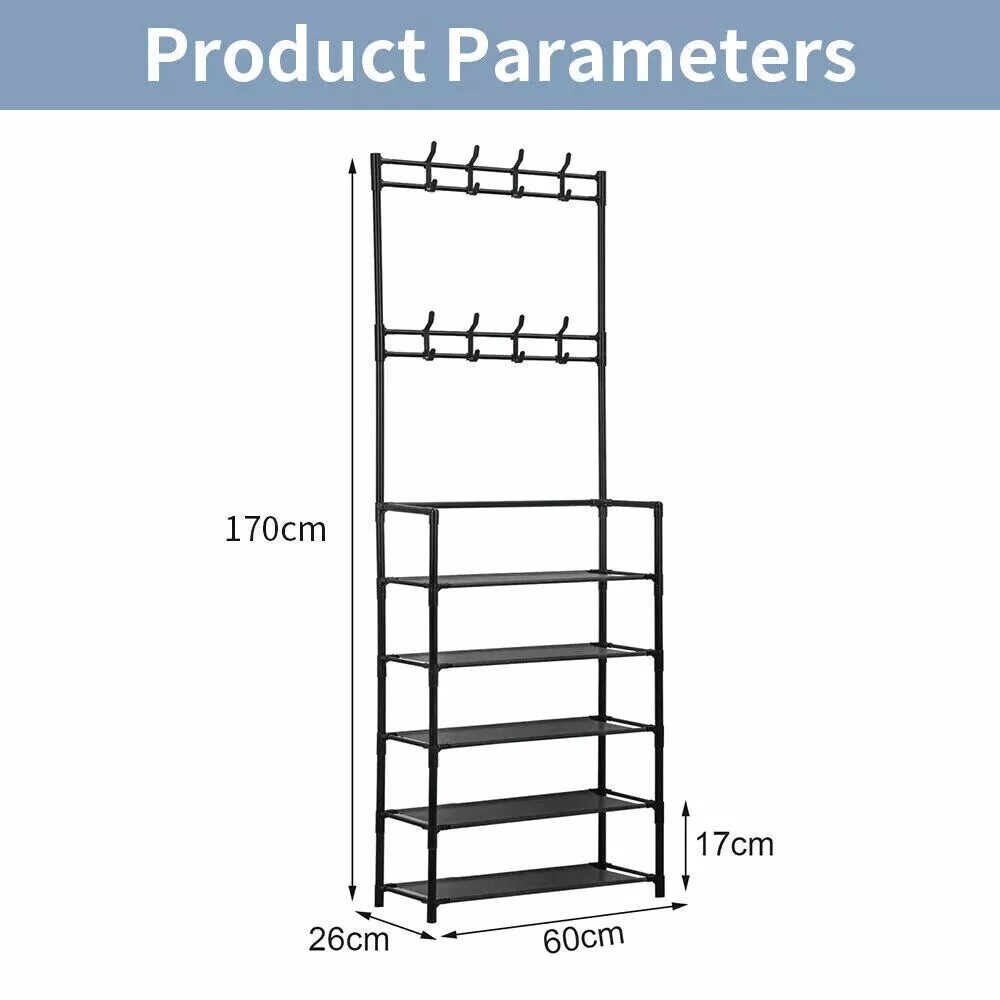 New Coat And Hat Stand 8 Hooks Metal Shoe Rack 5 Tiers Shelf Hanger Black — image 2