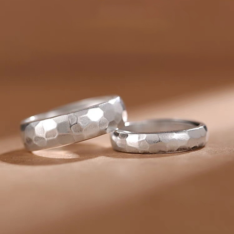 1 Pair 999 Sterling Silver Hammered Texture Couple Rings, Minimalist Retro Promise Rings, Ideal Valentine's Day Gift For Lovers