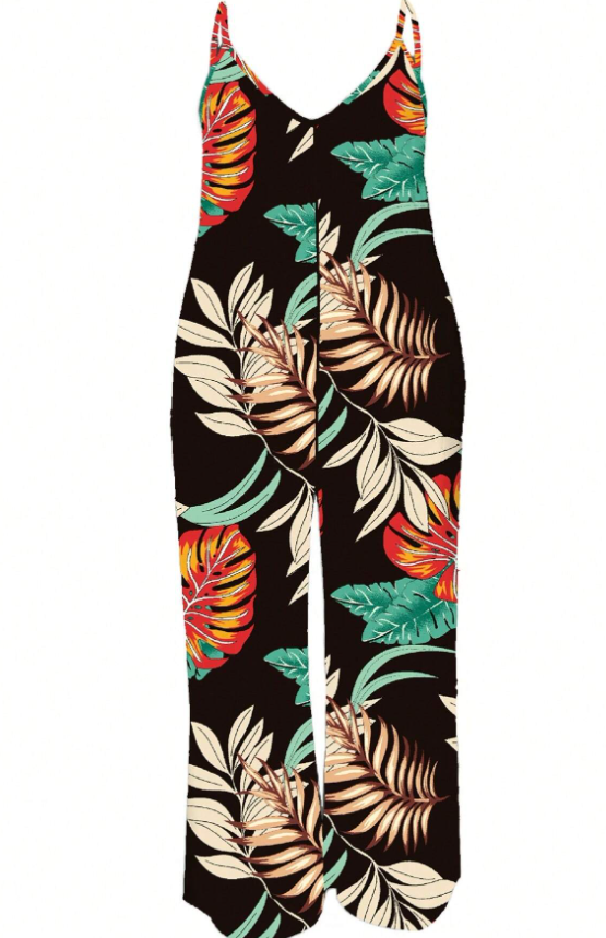 Plus Size Botanical Print Pocketed Straight Jumpsuit