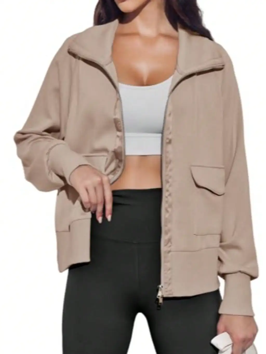 Fisoew Women's Zip Up Sweatshirt Collared Neck Long Sleeve Loose Casual Lightweight Jacket With Pockets - Khaki