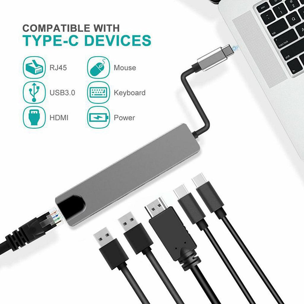 Title 6, USB C 6-in-1 Hub HDMI USB 3.0 PD RJ45 netwerkka...